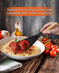 Cooking Spoon for Nonstick Cookwares, BPA-Free Matte Silicone, Wood Handle Spoon for Mixing, Scoop, and Scrape