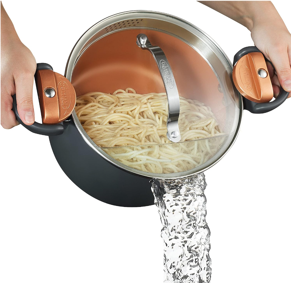 Jofulond 5 Qt Ceramic Stock Pot with Strainer Lid - Nonstick, Dishwasher Safe (Copper)