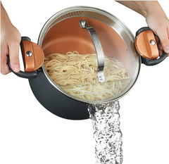 Jofulond 5 Qt Ceramic Stock Pot with Strainer Lid - Nonstick, Dishwasher Safe (Copper)