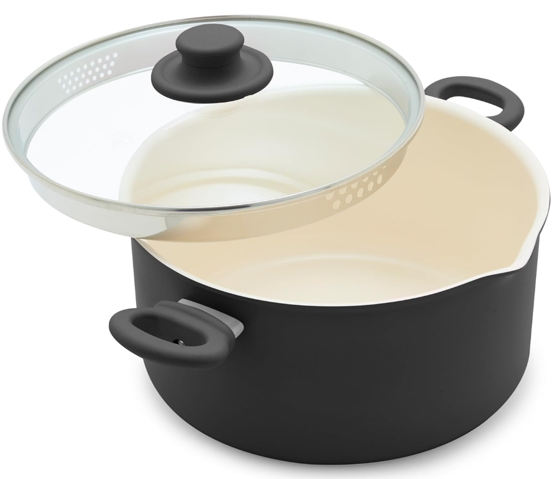Jofulbond 6QT Ceramic Stockpot - PFAS/PFOA-Free, Glass Straining Lid & Cool-Touch Handles